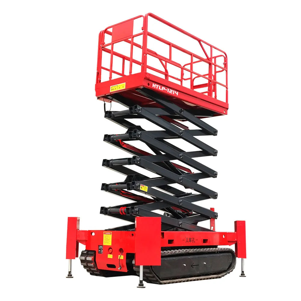 Hihgtop warehouse equipment Lead acid battery electric cargo lift platform 12m14m 16m wheel aerial scissor work platform with CE