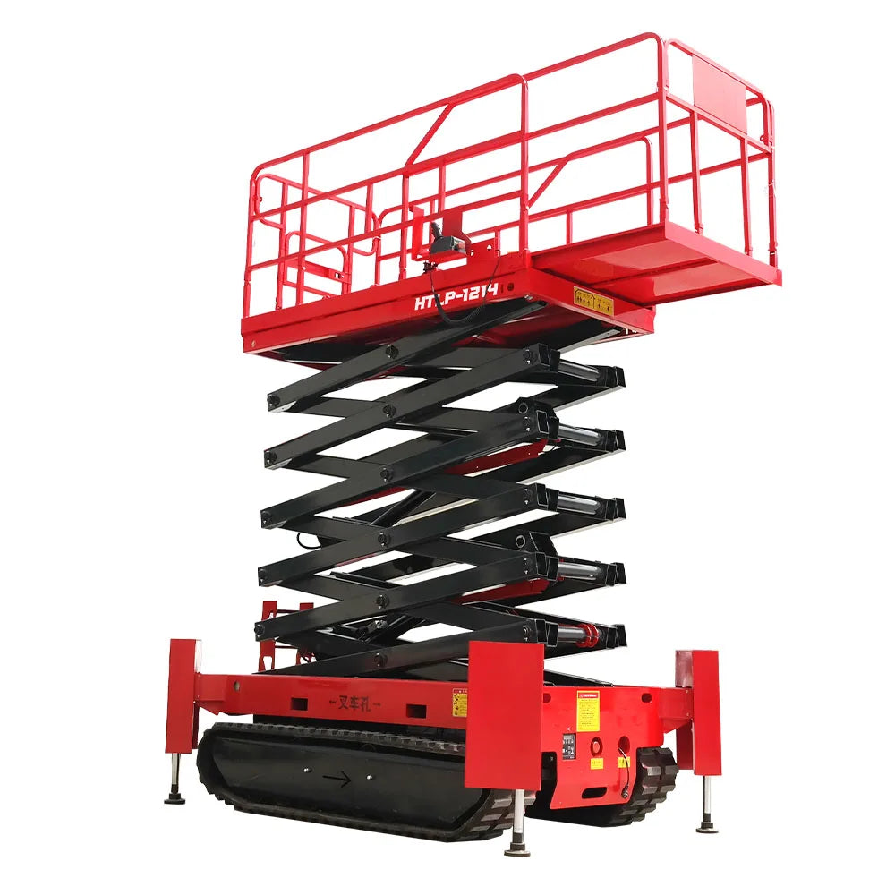 Hihgtop warehouse equipment Lead acid battery electric cargo lift platform 12m14m 16m wheel aerial scissor work platform with CE