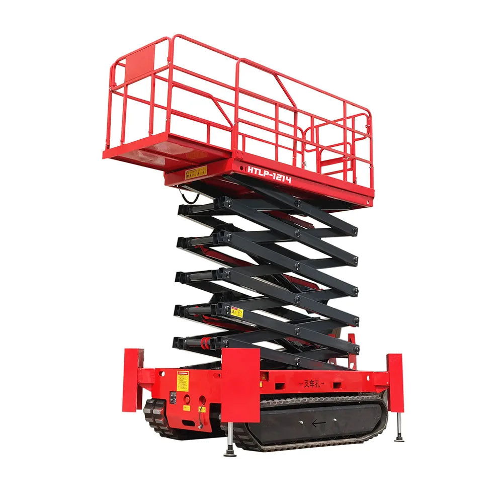 Hihgtop warehouse equipment Lead acid battery electric cargo lift platform 12m14m 16m wheel aerial scissor work platform with CE