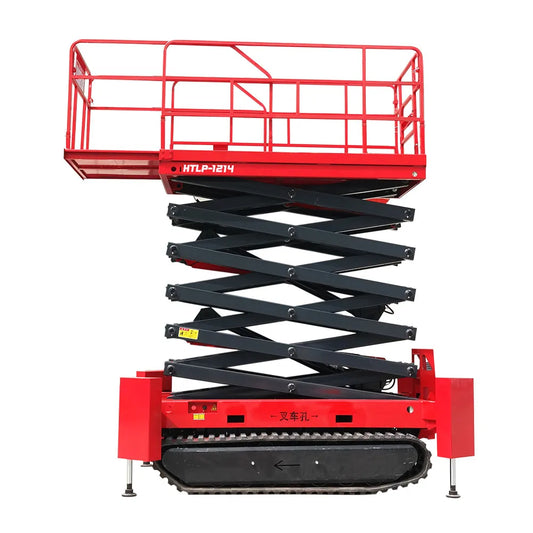 Hihgtop warehouse equipment Lead acid battery electric cargo lift platform 12m14m 16m wheel aerial scissor work platform with CE