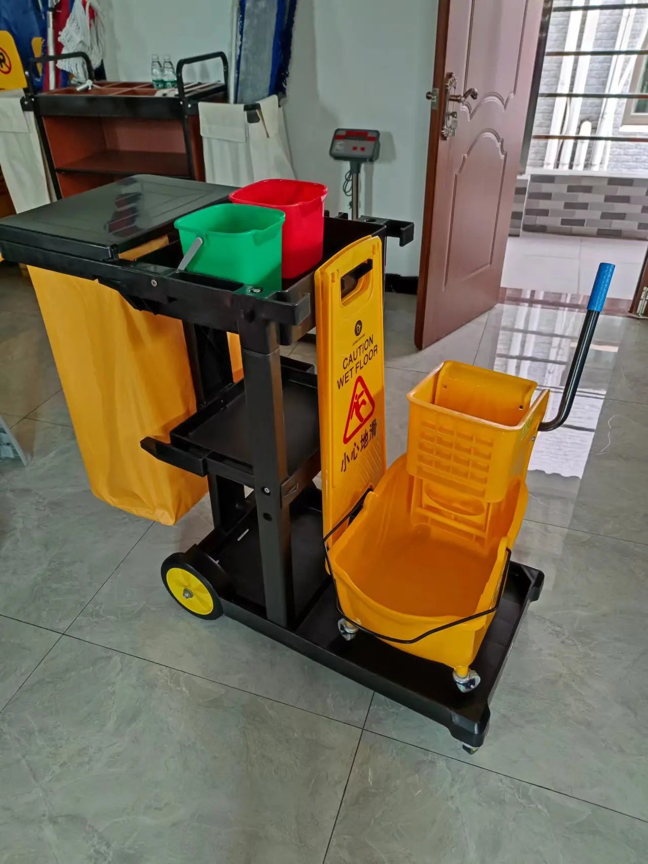 Supplies Commercial Hotel Room Plastic Housekeeping Service Janitor Cart Cleaning Trolley with Refuse Bag