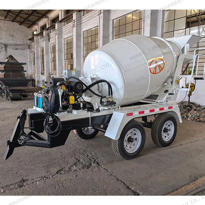 2 Cubic Yards Small Concrete Cement Mixing Drum Mixers Trucks Automatic Loading 1.5CBM Concrete Mixer Trailer For Sale