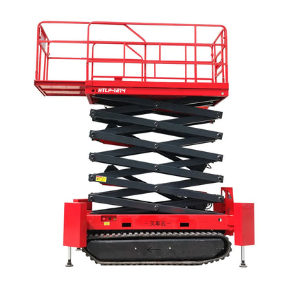 Hihgtop warehouse equipment Lead acid battery electric cargo lift platform 12m14m 16m wheel aerial scissor work platform with CE