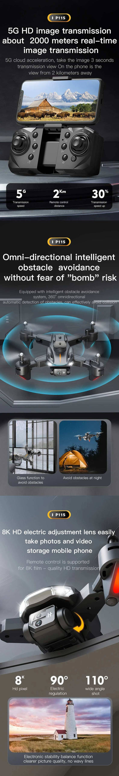 New P11S Max Drone 8K Professional High Definition Aerial Photography Dual Camera Omnidirectional Obstacle Avoidance Quadrotor